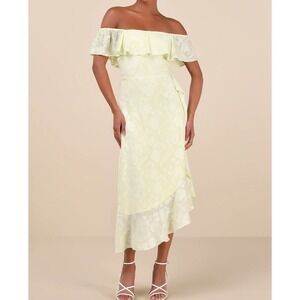 Lulus Pretty Perfect Yellow Burnout Floral Off Shoulder Ruffle Maxi Dress Size L